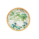 Mango wood bowl from above, printed inside with banana palms, fan palms and pink blossom on white