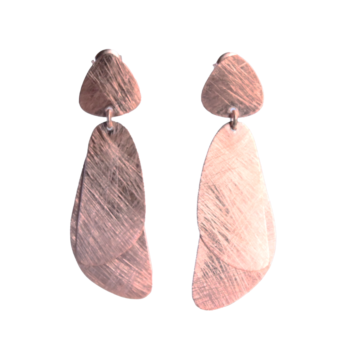 Brushed rose gold stud earrings with a rounded triangle top and a layered organic drop