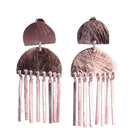 Rose gold stud earrings with two half-moons and a fringe of slim bars