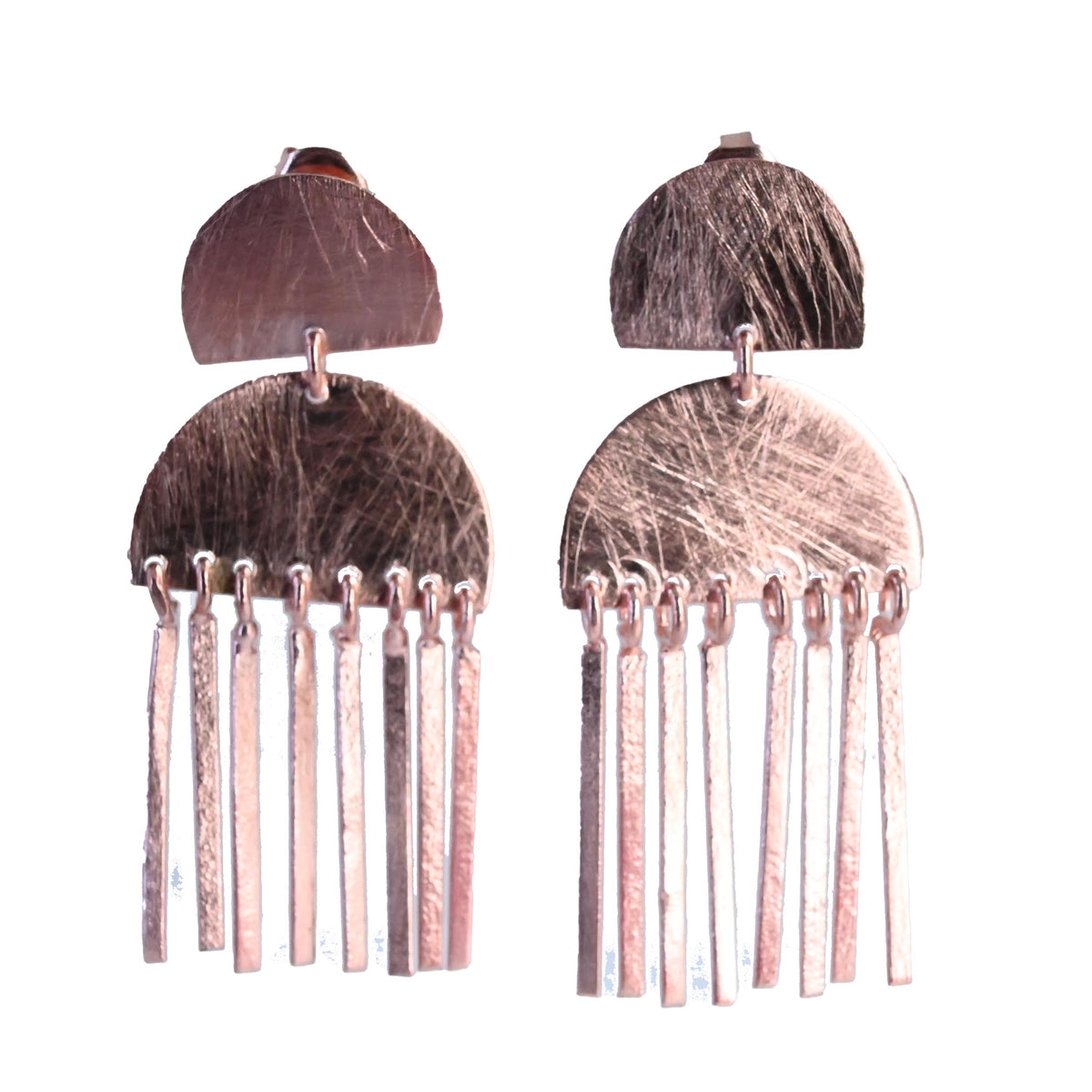Rose gold stud earrings with two half-moons and a fringe of slim bars