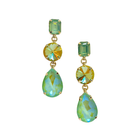 Pair of gold-tone drop earrings with green, yellow and iridescent green crystals in a graduating line.