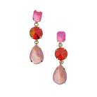 Pair of gold-tone drop earrings with pink, red and pale rose crystals in a graduating line.