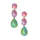 Pair of gold-tone drop earrings with pink and iridescent green-blue crystals in a graduating line.