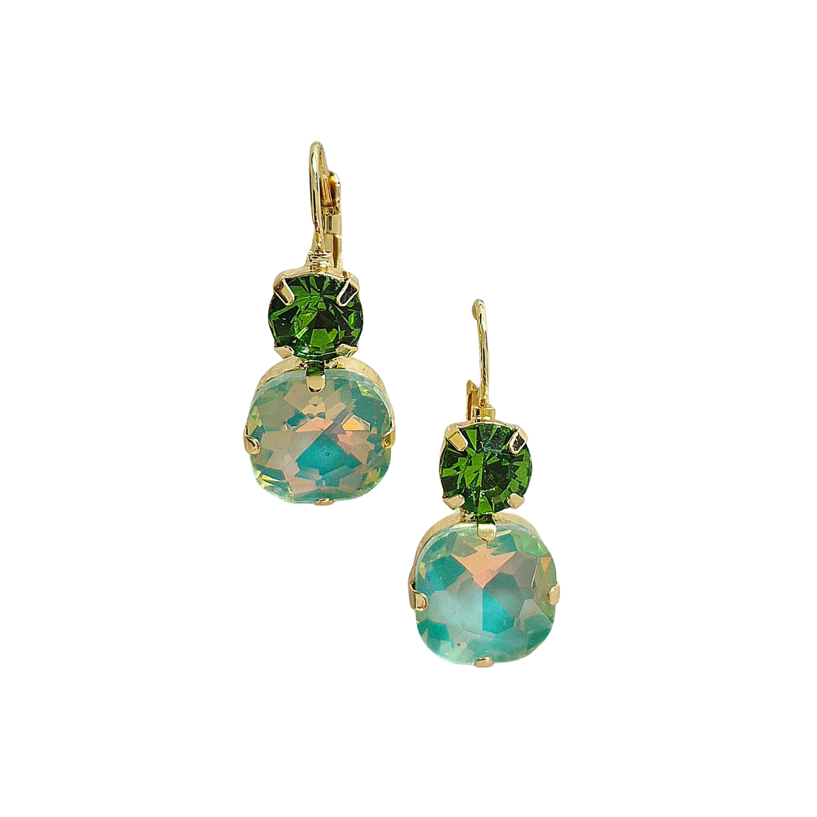 Pair of gold-tone drop earrings with a deep green crystal above an aqua stone.