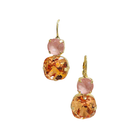 Pair of gold-tone drop earrings with a pale pink crystal above an amber stone.