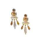 Pair of gold-tone earrings with champagne and topaz crystals above a fringe of beaded drops.
