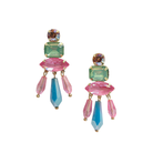 Pair of gold-tone earrings with pink, aqua and green crystals above a fringe of beaded drops.