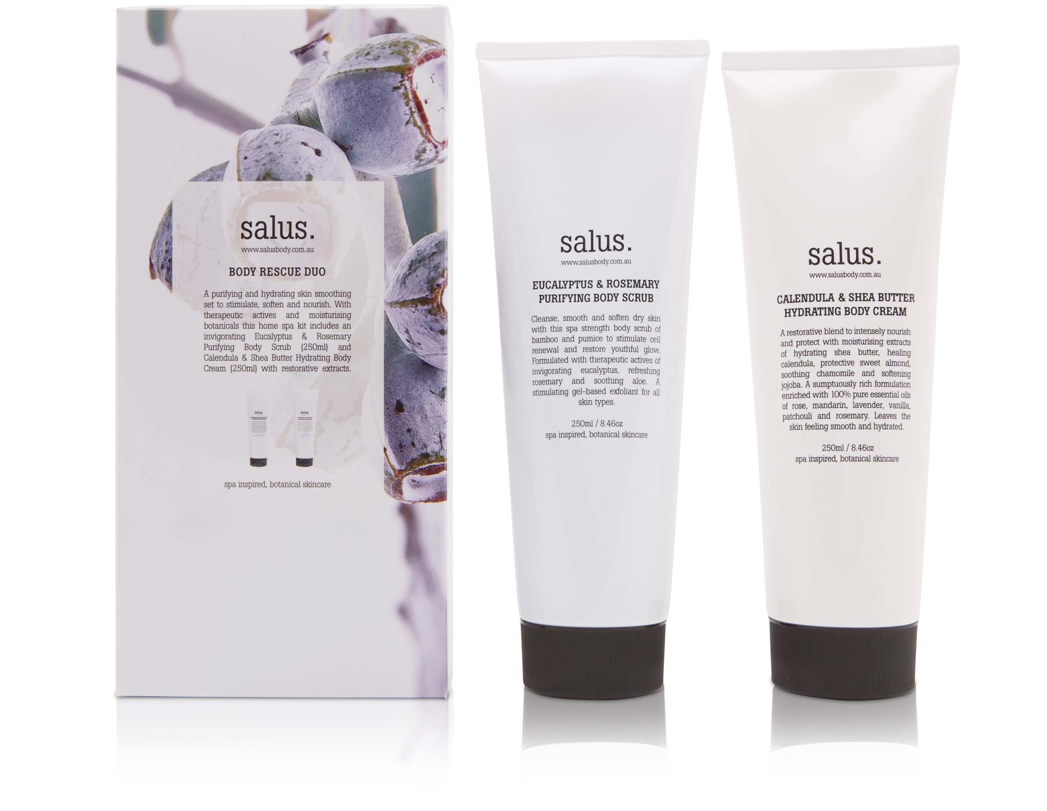 Salus Body Rescue Duo gift box with Eucalyptus & Rosemary body scrub and Calendula & Shea Butter body cream tubes