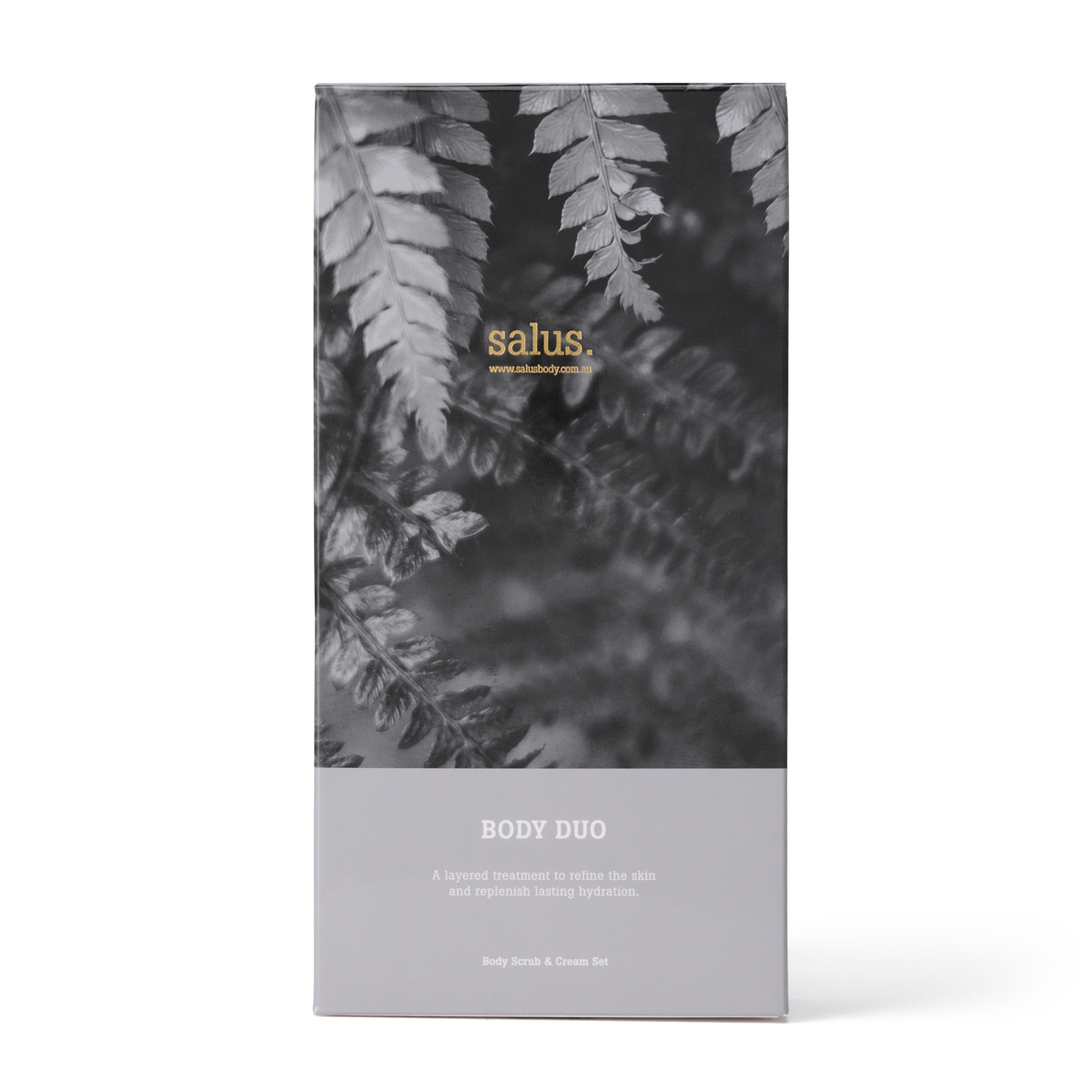 Salus Body Duo gift box with a black and white fern photograph above a grey panel labelled Body Scrub & Cream Set
