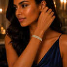 Model wearing the three-row crystal tennis bracelet on her wrist