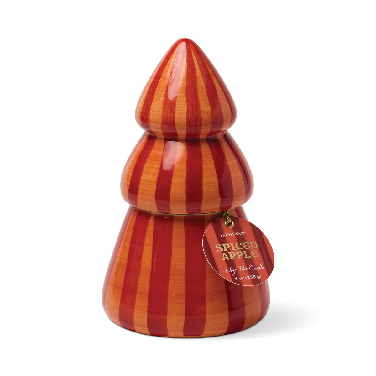 Red and orange striped ceramic tree candle with a Spiced Apple hang tag.