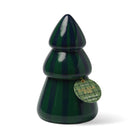 Dark green and navy striped ceramic tree candle with a green plaid Balsam Fir hang tag.