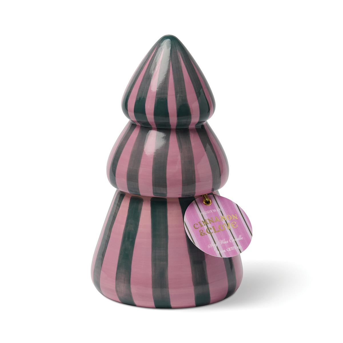 Pink and dark green striped ceramic tree candle with a Cinnamon Clove hang tag.