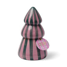 Pink and dark green striped ceramic tree candle with a Cinnamon Clove hang tag.