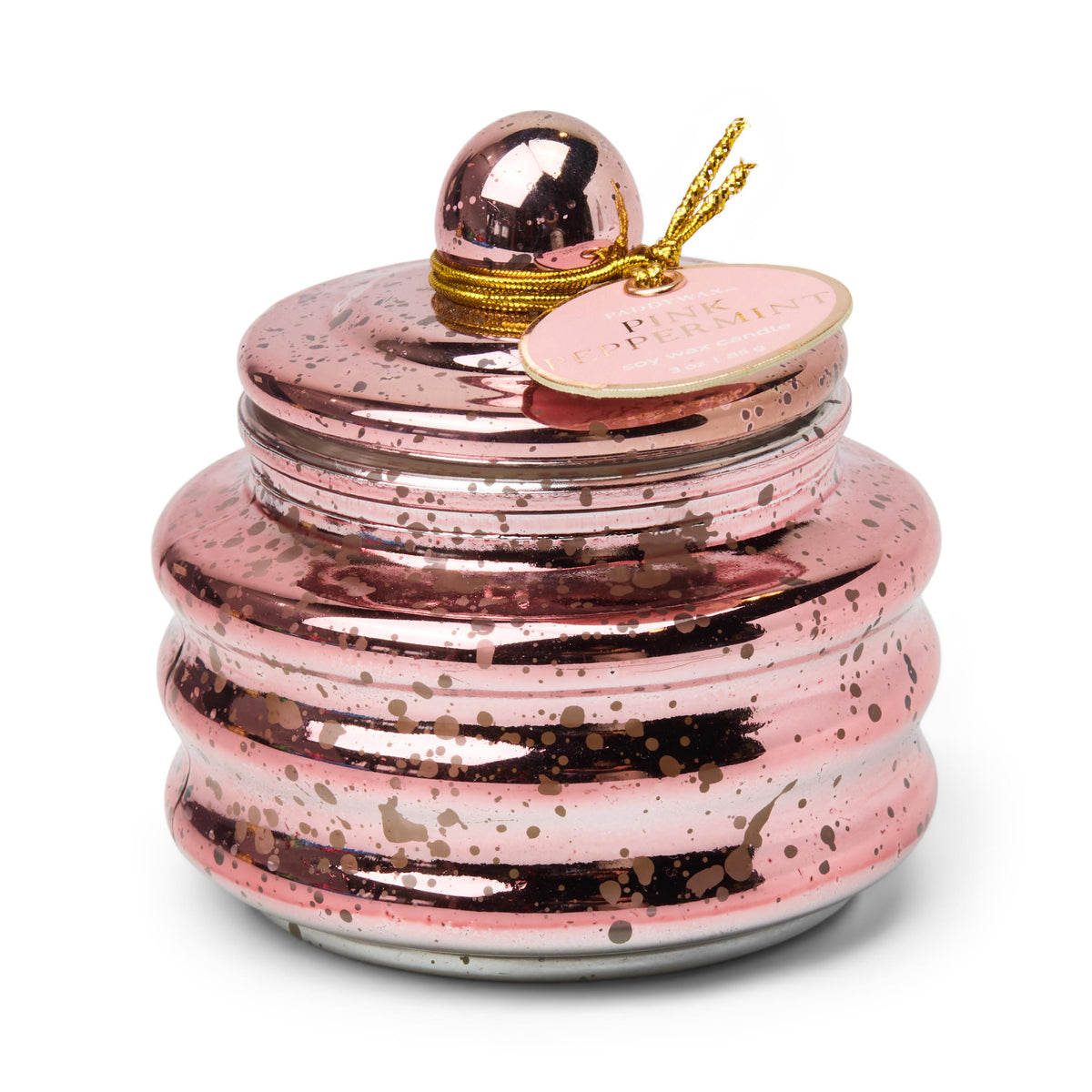 Rose-pink mercury glass candle with a ribbed body, a domed lid and a Pink Peppermint tag on gold cord.