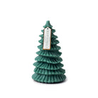 Green fir-tree shaped pillar candle with a Cypress & Fir hang tag.