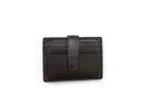 Brown card holder with its leather clip tab running across the stacked card slots