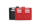 Black and red card holders side by side, cards tucked into the tiered slots of the red one