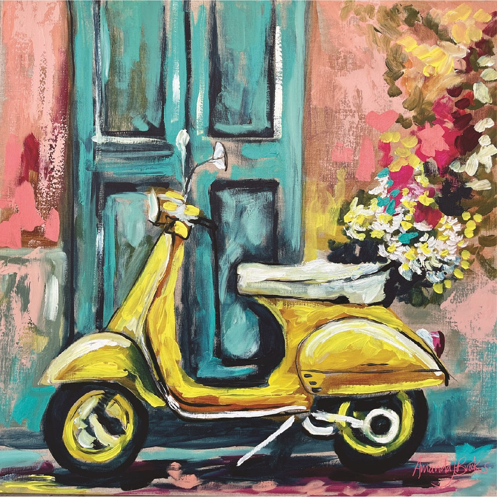 Painted yellow scooter loaded with flowers, parked against a teal panelled door and pink wall