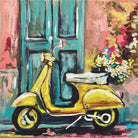 Painted yellow scooter loaded with flowers, parked against a teal panelled door and pink wall