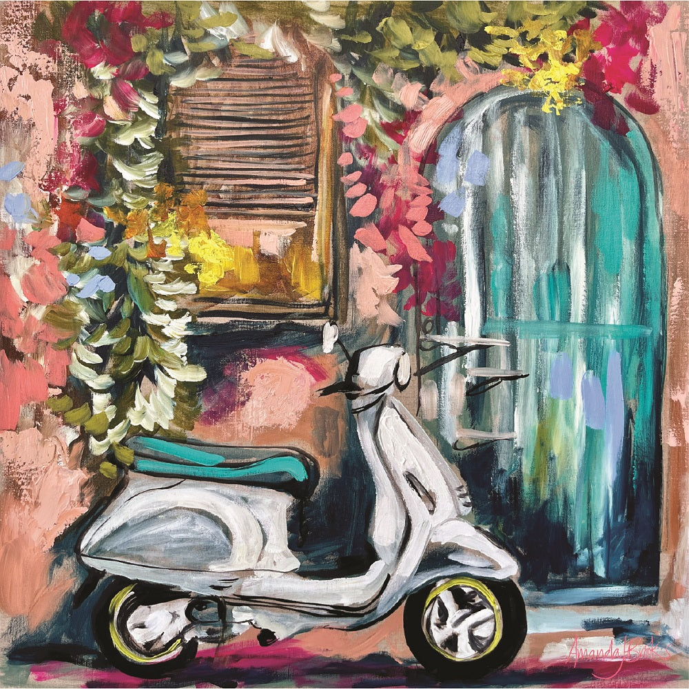 Painted white scooter with a teal seat resting by an arched teal door beneath hanging pink blooms