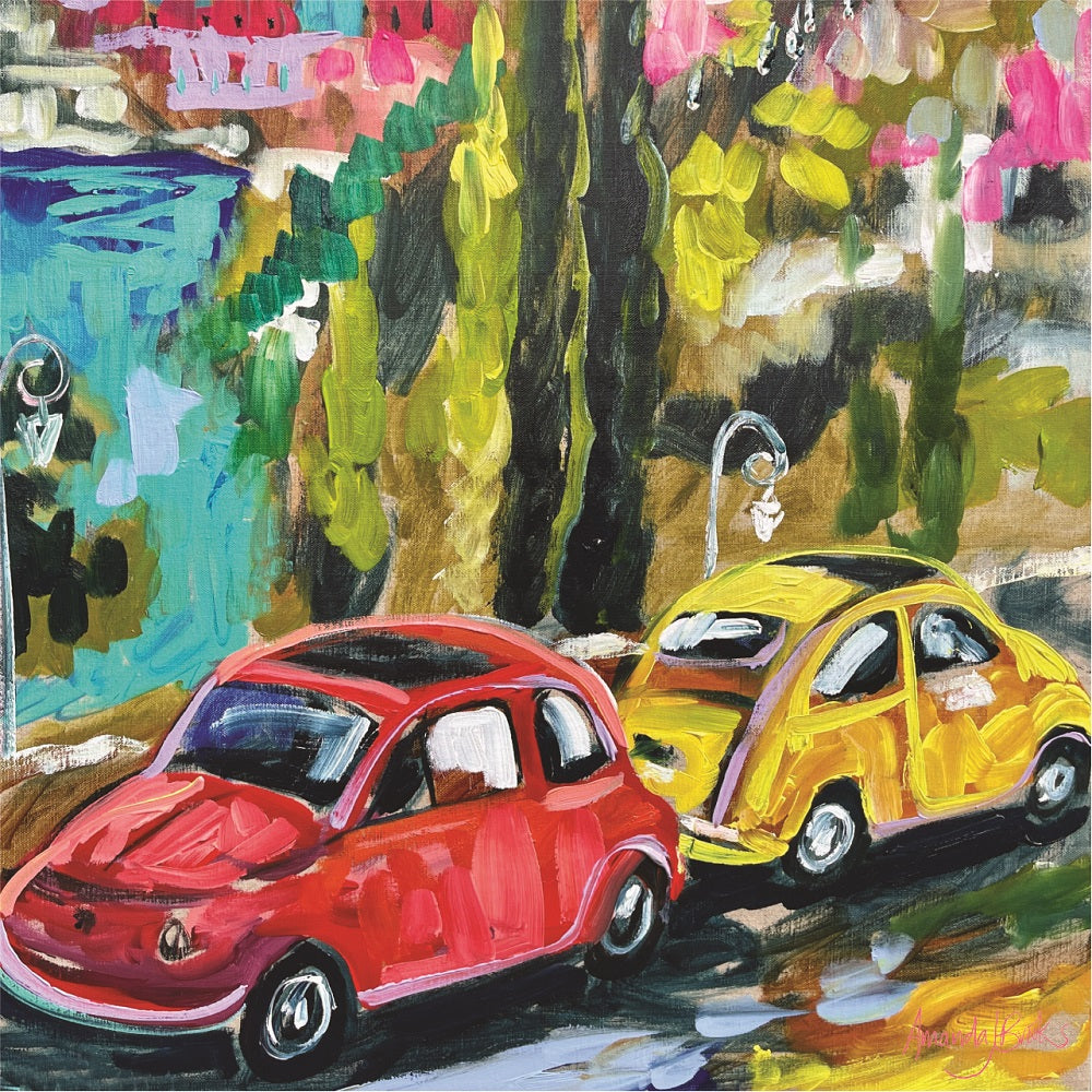 Painting of a red and a yellow vintage Fiat parked on a tree-lined lakeside street