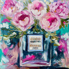 Painting of pink peonies spilling from a Coco Mademoiselle perfume-bottle vase