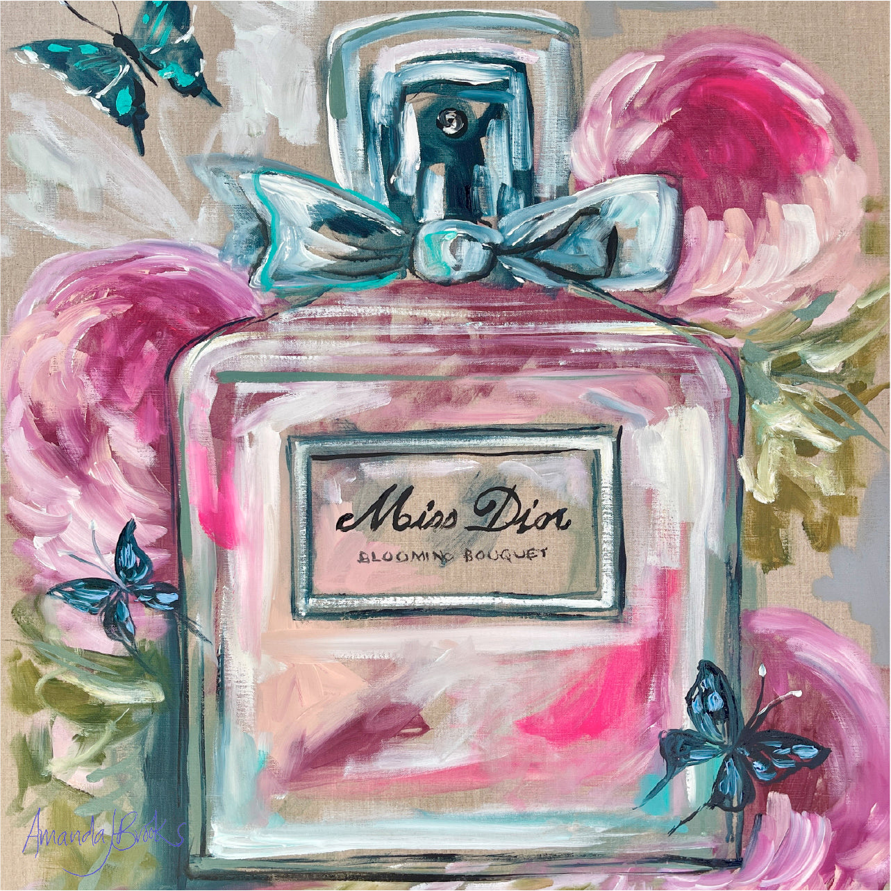 Painting of a ribbon-topped Miss Dior perfume bottle among pink peonies and blue butterflies
