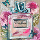 Painting of a ribbon-topped Miss Dior perfume bottle among pink peonies and blue butterflies