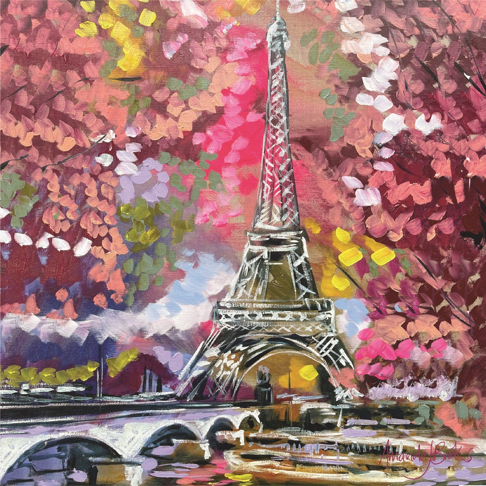Painting of the Eiffel Tower above a Seine bridge, framed by pink blossom