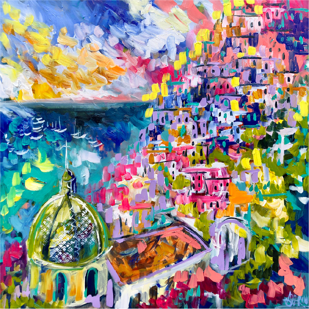 Painting of Positano's colourful houses stacked above a harbour dotted with yachts