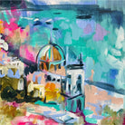 Painting looking down past a gold-domed church to a turquoise bay