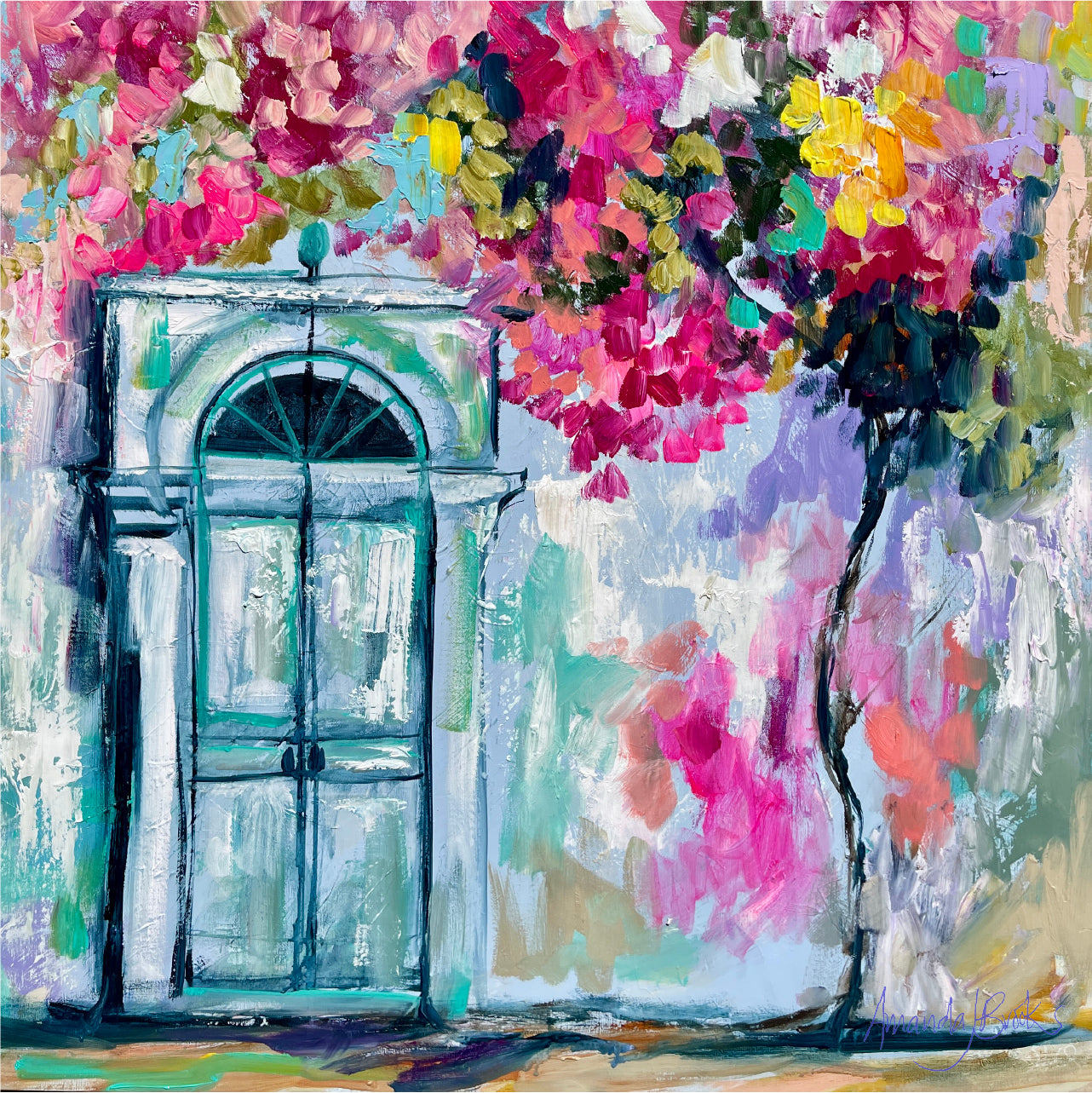 Painting of a teal arched door beside a tree heavy with pink and magenta blooms