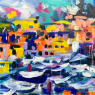 Abstract painting of Portofino's colourful harbourside houses above a fleet of white boats