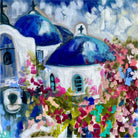 Painting of Santorini's blue-domed churches wrapped in pink bougainvillea
