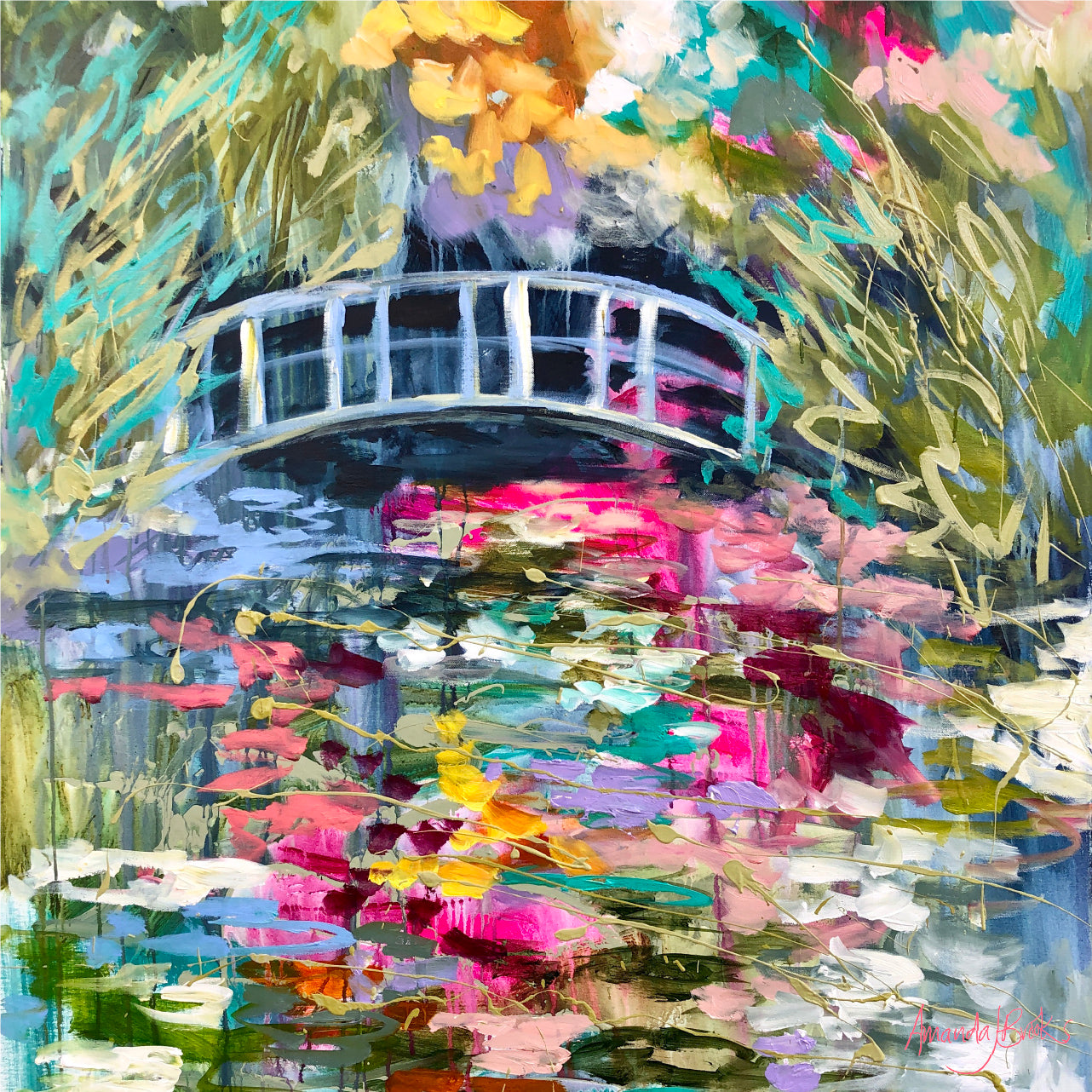 Painting of a white footbridge arching over a lily pond in full bloom