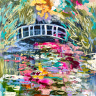 Painting of a white footbridge arching over a lily pond in full bloom