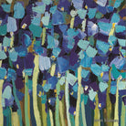 Palette-knife painting of massed blue, teal and violet irises with yellow centres above pale green stems