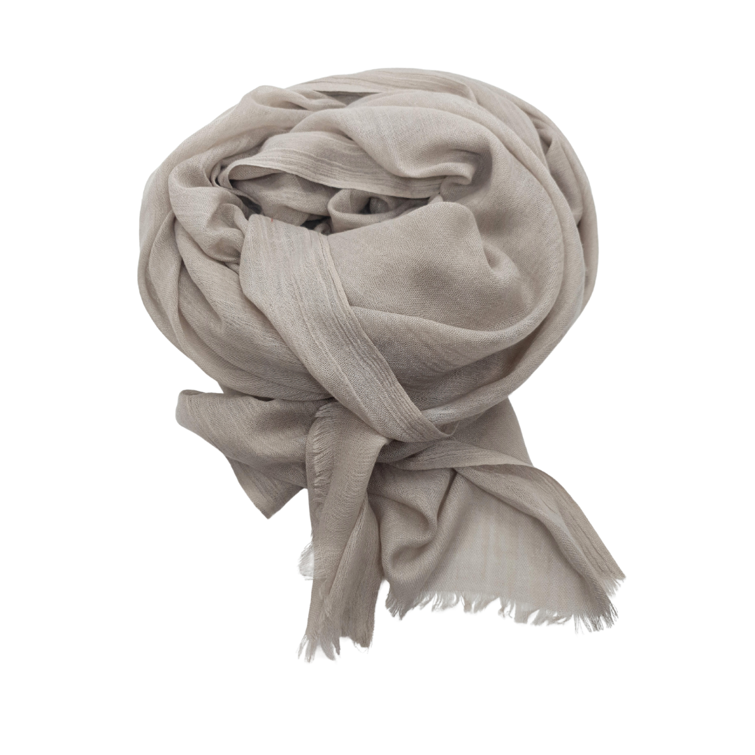 Beauty in Bamboo scarf in a pale mushroom grey-beige, knotted with tails draped