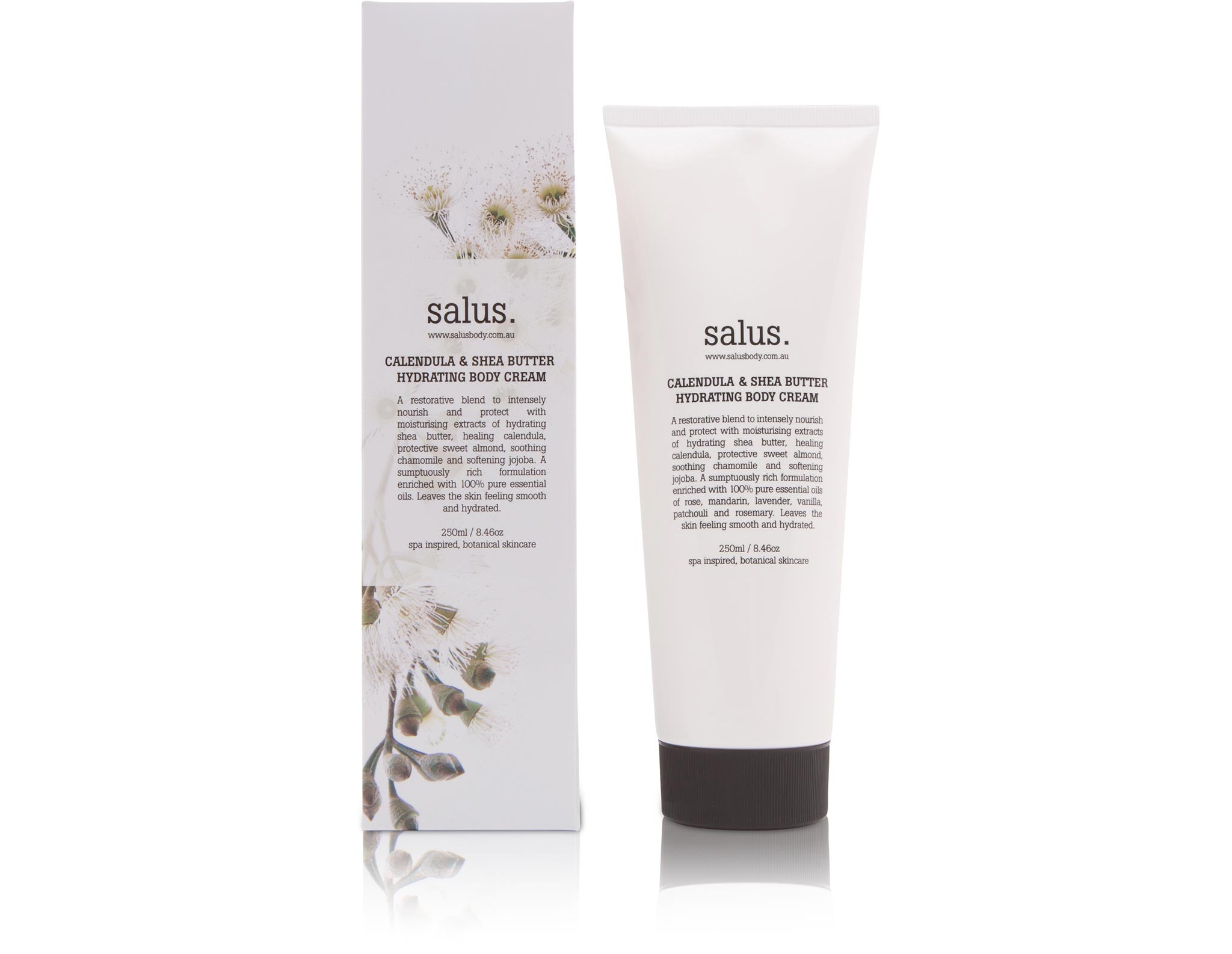 250ml tube of Salus Calendula & Shea Butter Hydrating Body Cream beside its gift box
