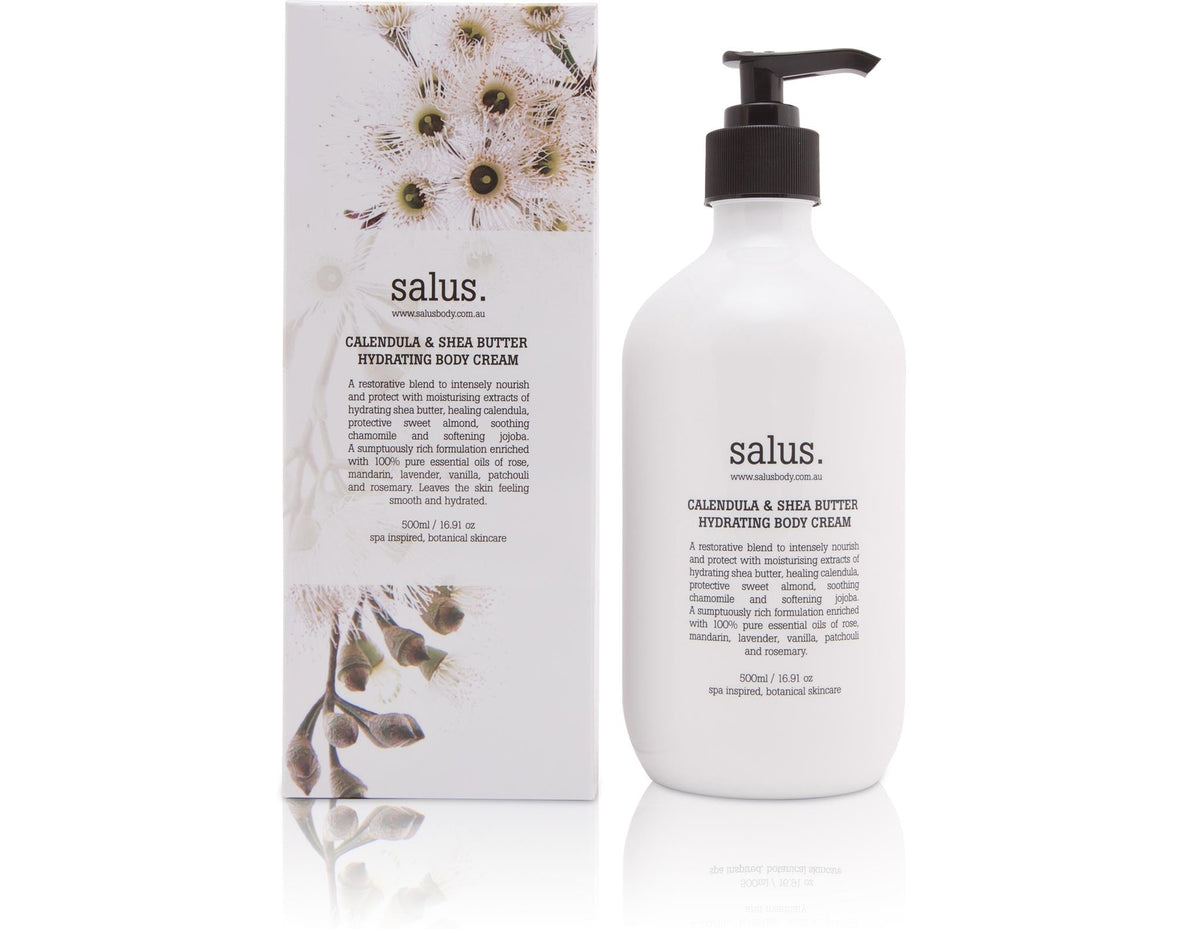 Salus Calendula & Shea Butter Hydrating Body Cream 500ml pump bottle with flowering gum print box