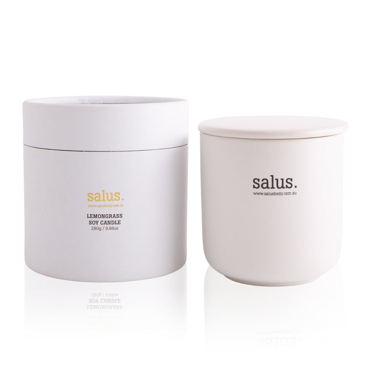 Salus Lemongrass soy candle in a white lidded jar beside its round white gift box