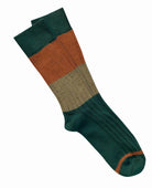 Merino rib sock in colour blocks of bottle green, rust and khaki