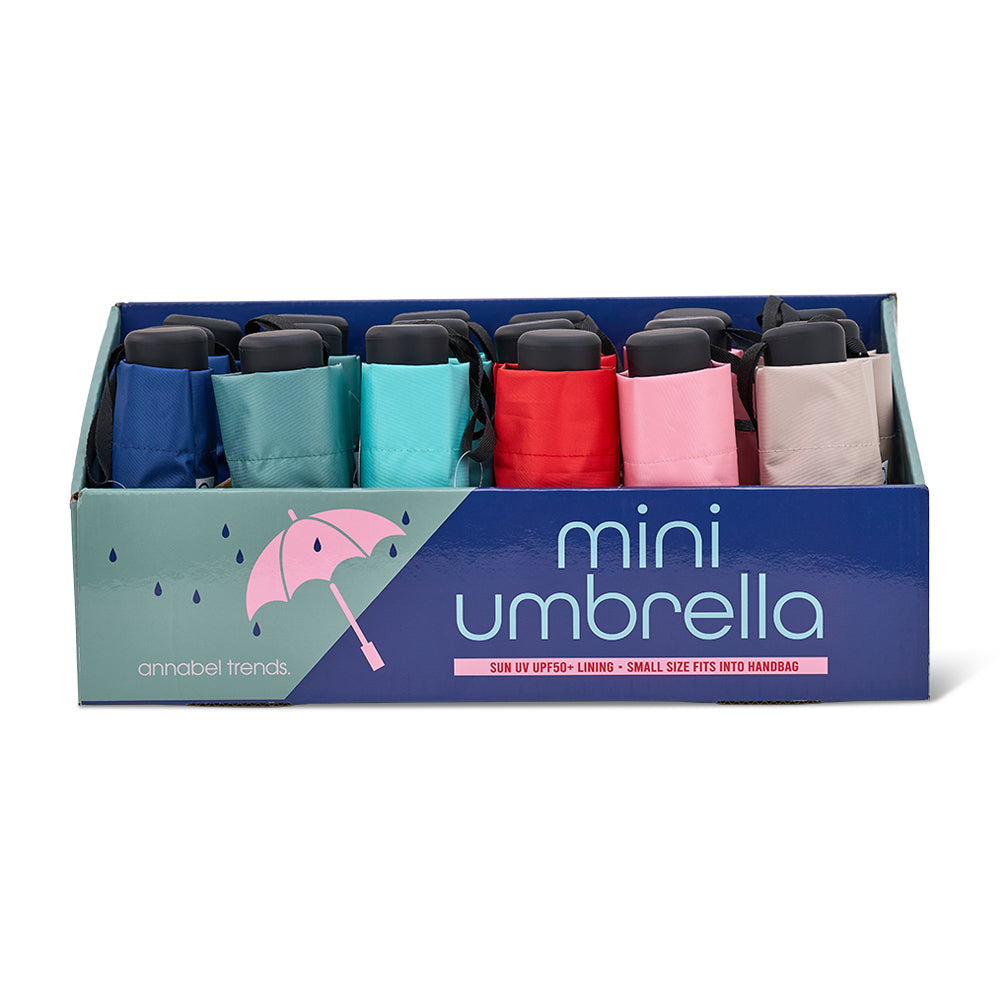 Retail display box printed 'mini umbrella', holding folded umbrellas in six colours.