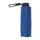 Navy folded umbrella standing upright with a black handle and wrist strap.
