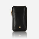 Black leather phone pouch, front view with stud detail