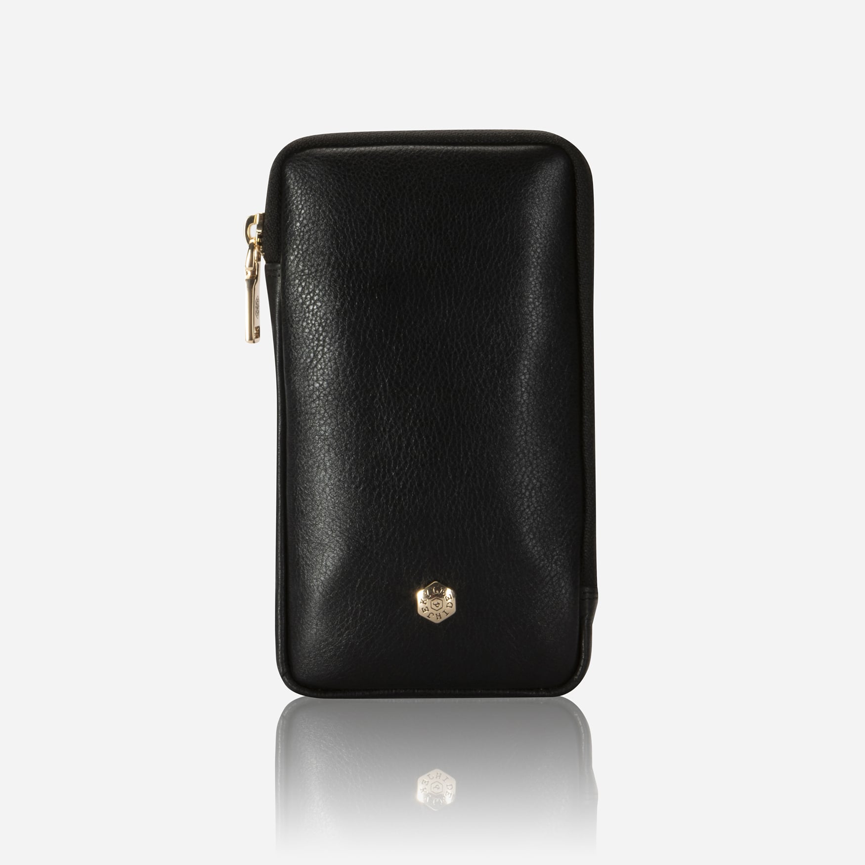 Black leather phone pouch, front view with stud detail
