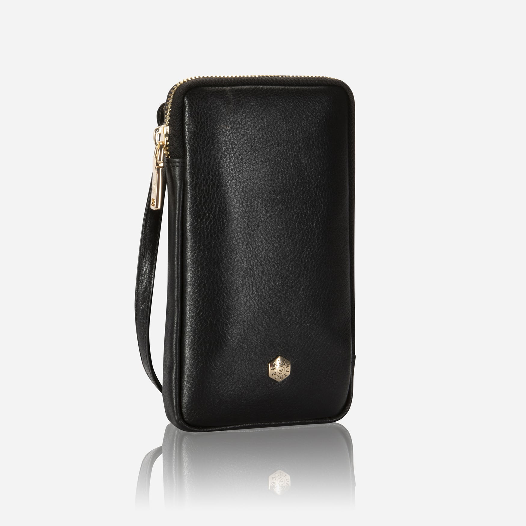 Black phone pouch with wrist strap attached
