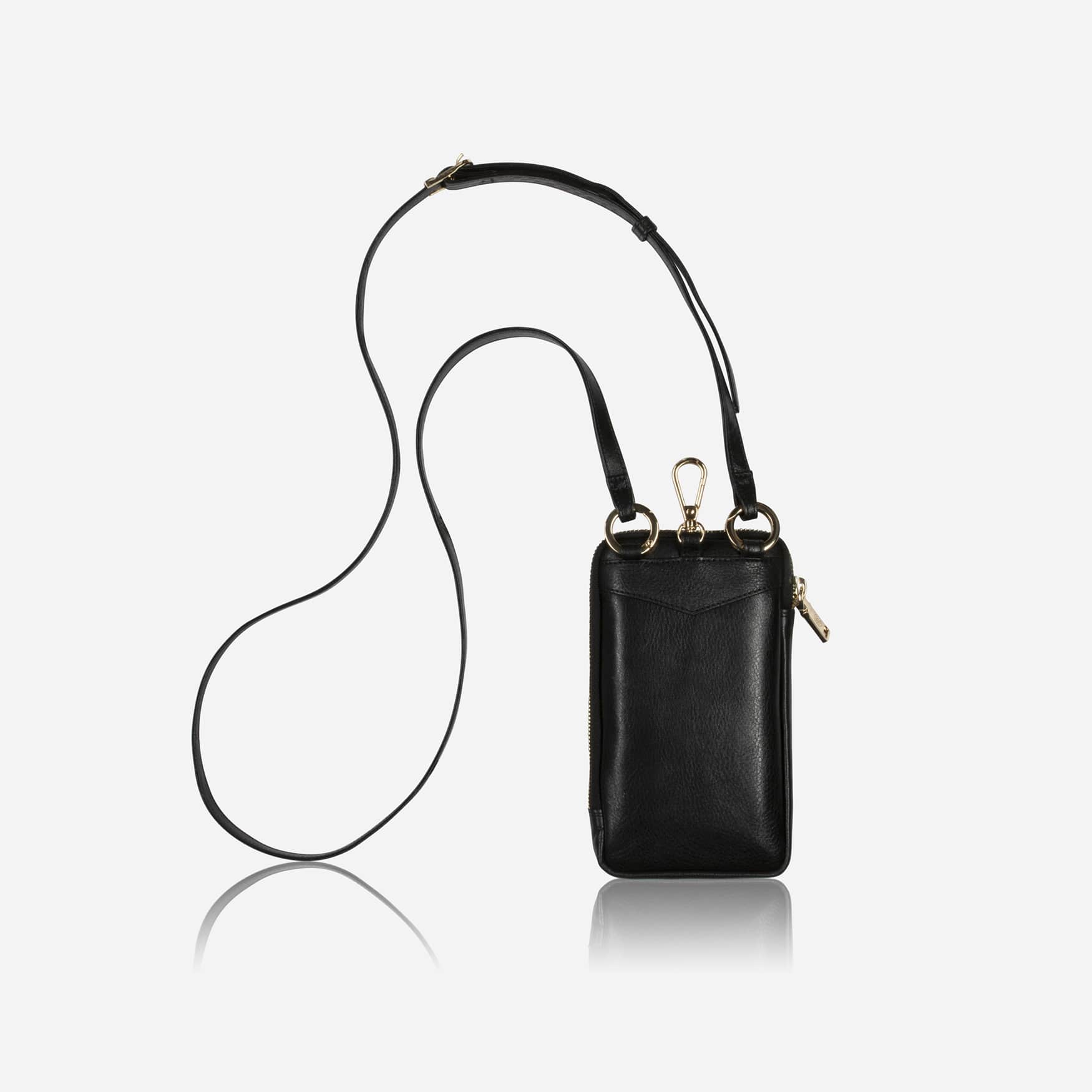 Jekyll & Hide black leather phone pouch hanging from its slim crossbody strap