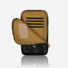 Black phone pouch with flap open revealing golden fabric lining and branded patch